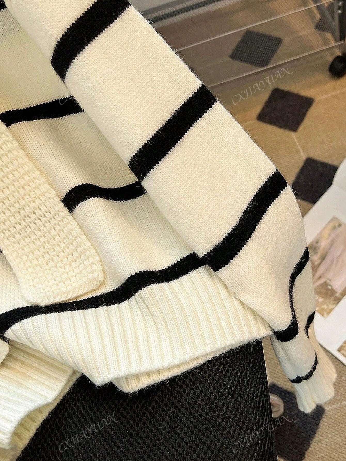 Women'S Striped Contrast Color Crew Neck Sweater, Casual Long Sleeve Knitted Pullover, Fashionable Outwear for Autumn and Winter