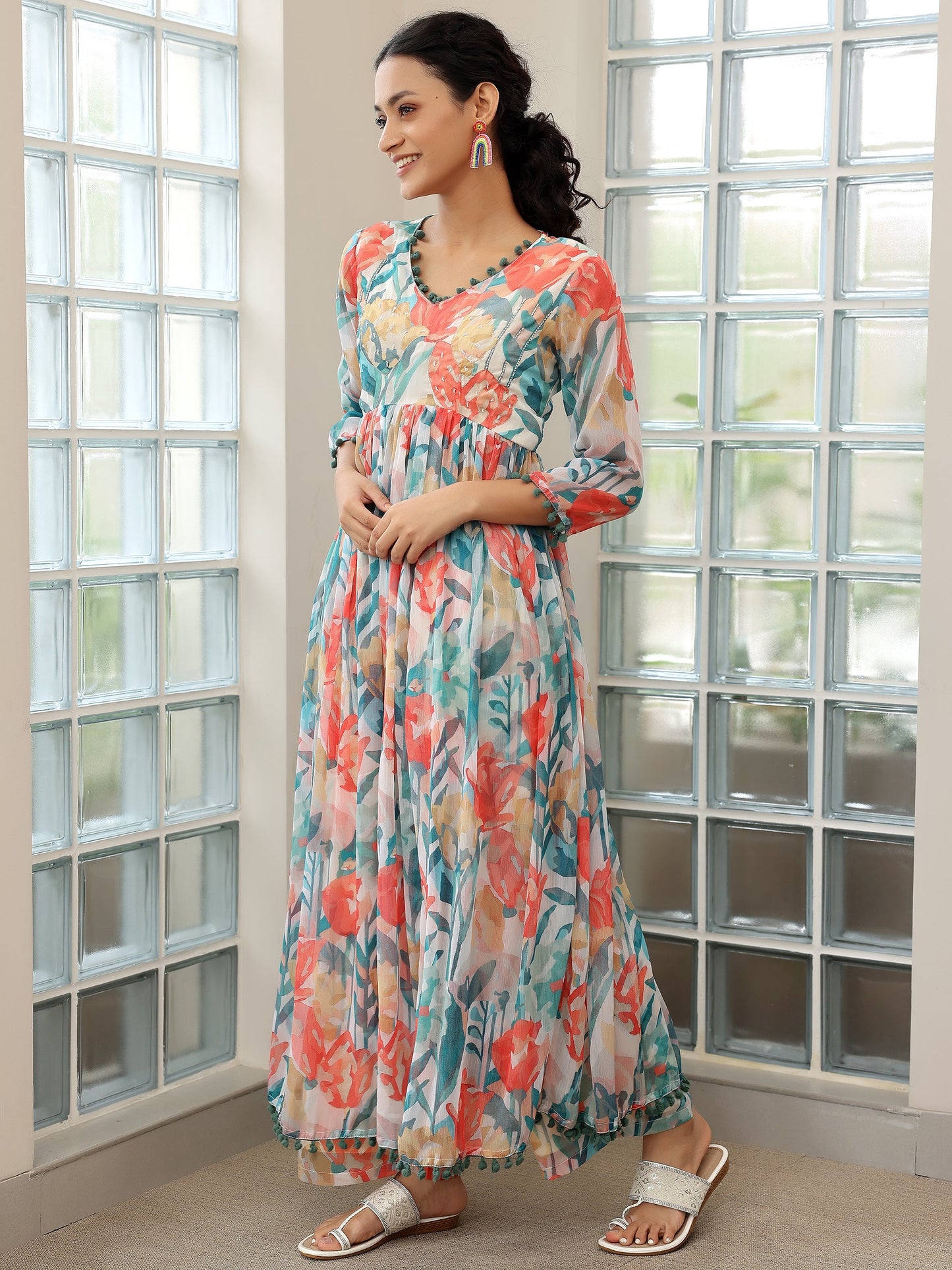 Off White Printed Poly Chiffon A-Line Kurta with Palazzos & Dupatta