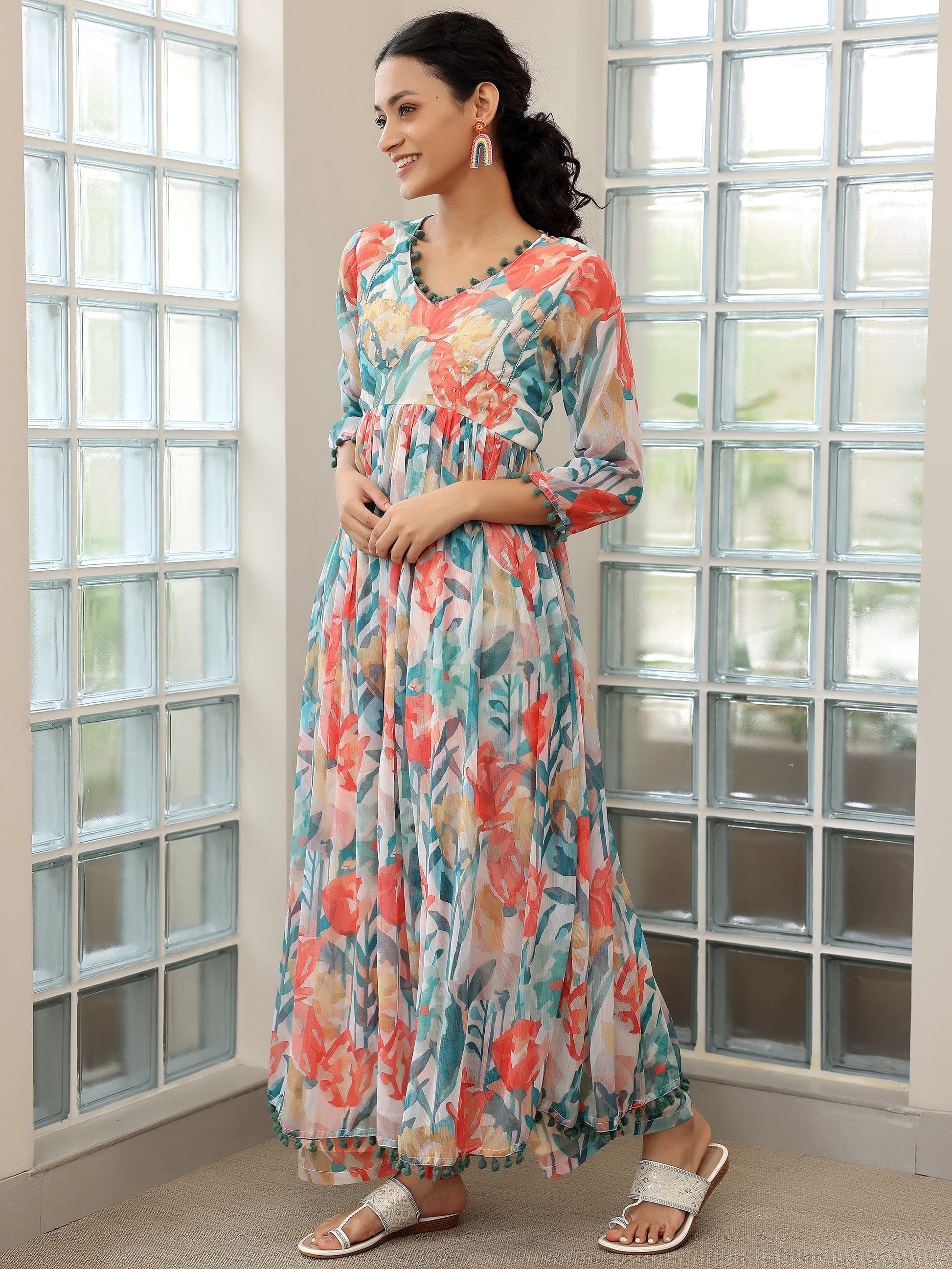 Off White Printed Poly Chiffon A-Line Kurta with Palazzos & Dupatta