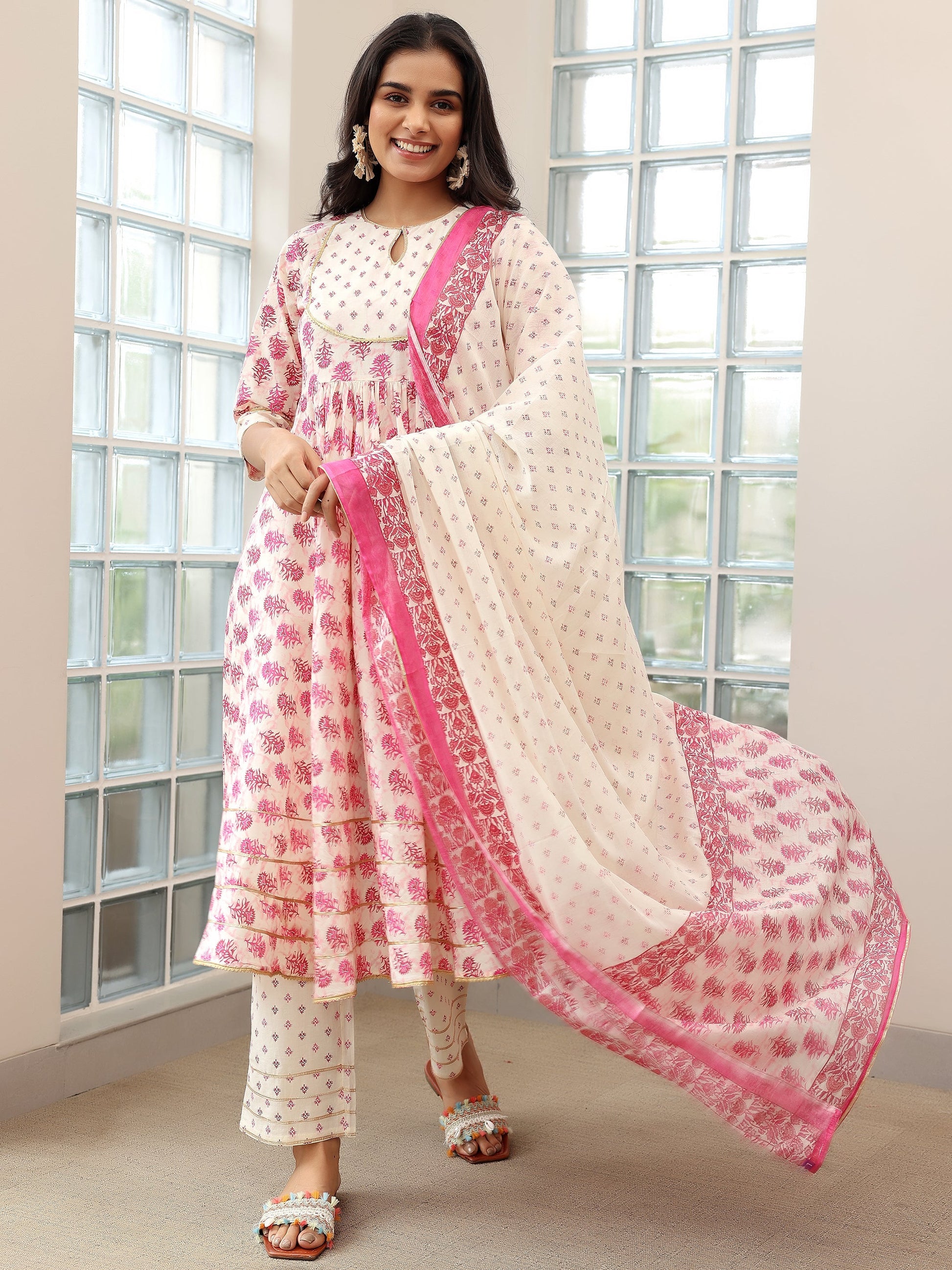 Pink Printed Cotton Anarkali Suit with Dupatta