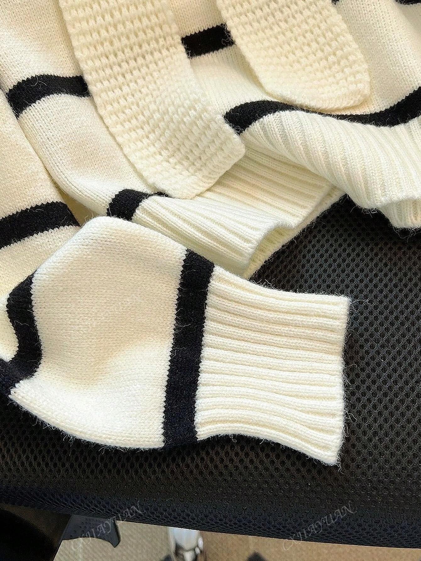 Women'S Striped Contrast Color Crew Neck Sweater, Casual Long Sleeve Knitted Pullover, Fashionable Outwear for Autumn and Winter