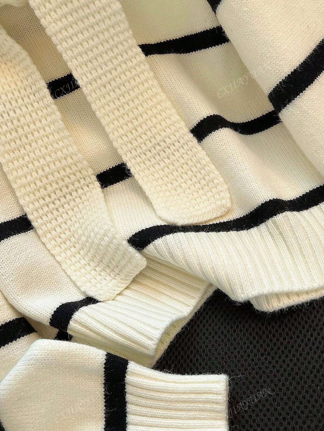 Women'S Striped Contrast Color Crew Neck Sweater, Casual Long Sleeve Knitted Pullover, Fashionable Outwear for Autumn and Winter