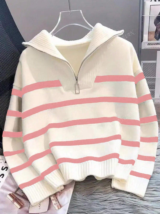Autumn/Winter New Fashion Women Striped Zipper Pullover Sweater, Simple & Versatile Design,Long Sleeve Tops