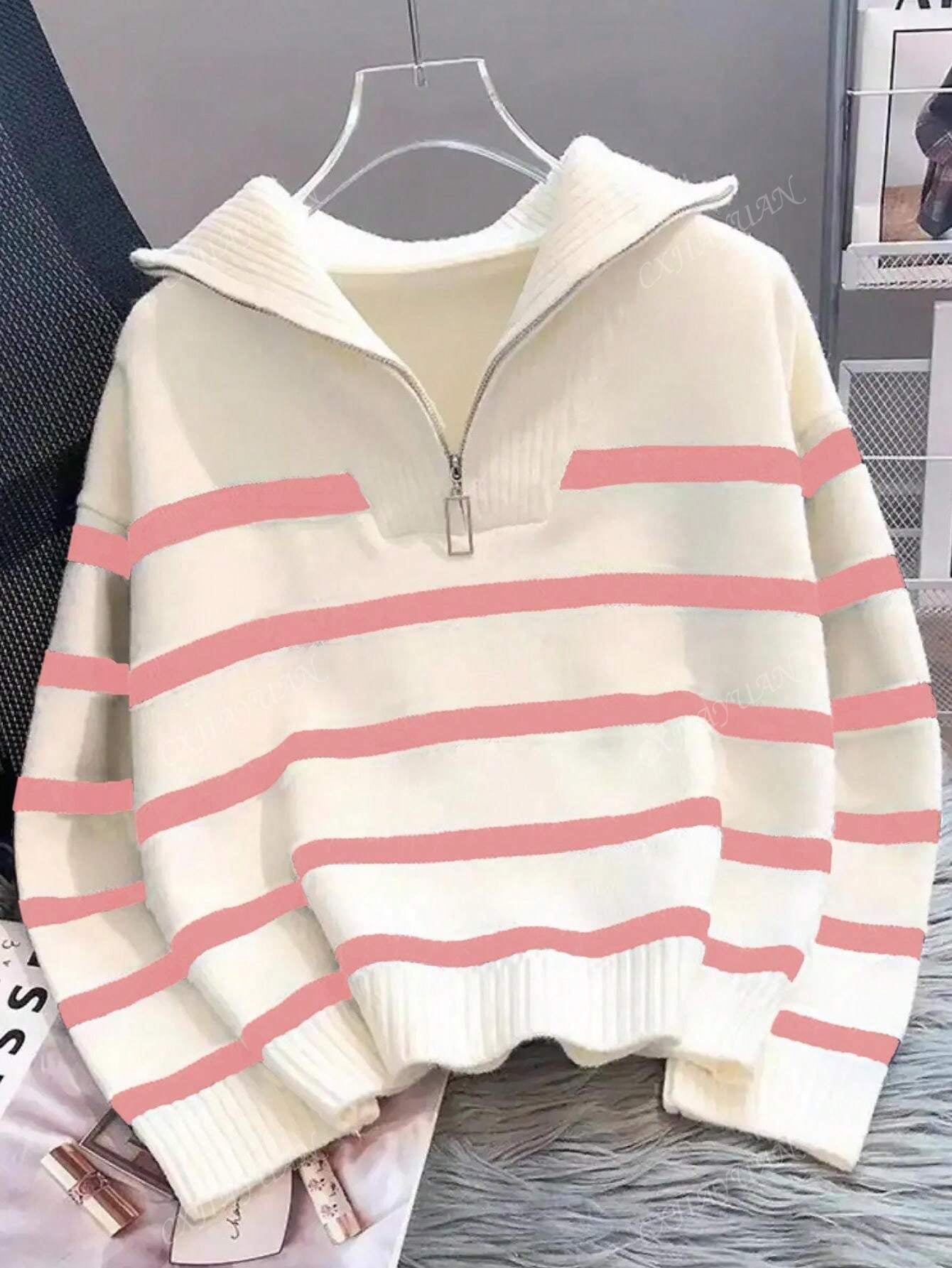 Autumn/Winter New Fashion Women Striped Zipper Pullover Sweater, Simple & Versatile Design,Long Sleeve Tops