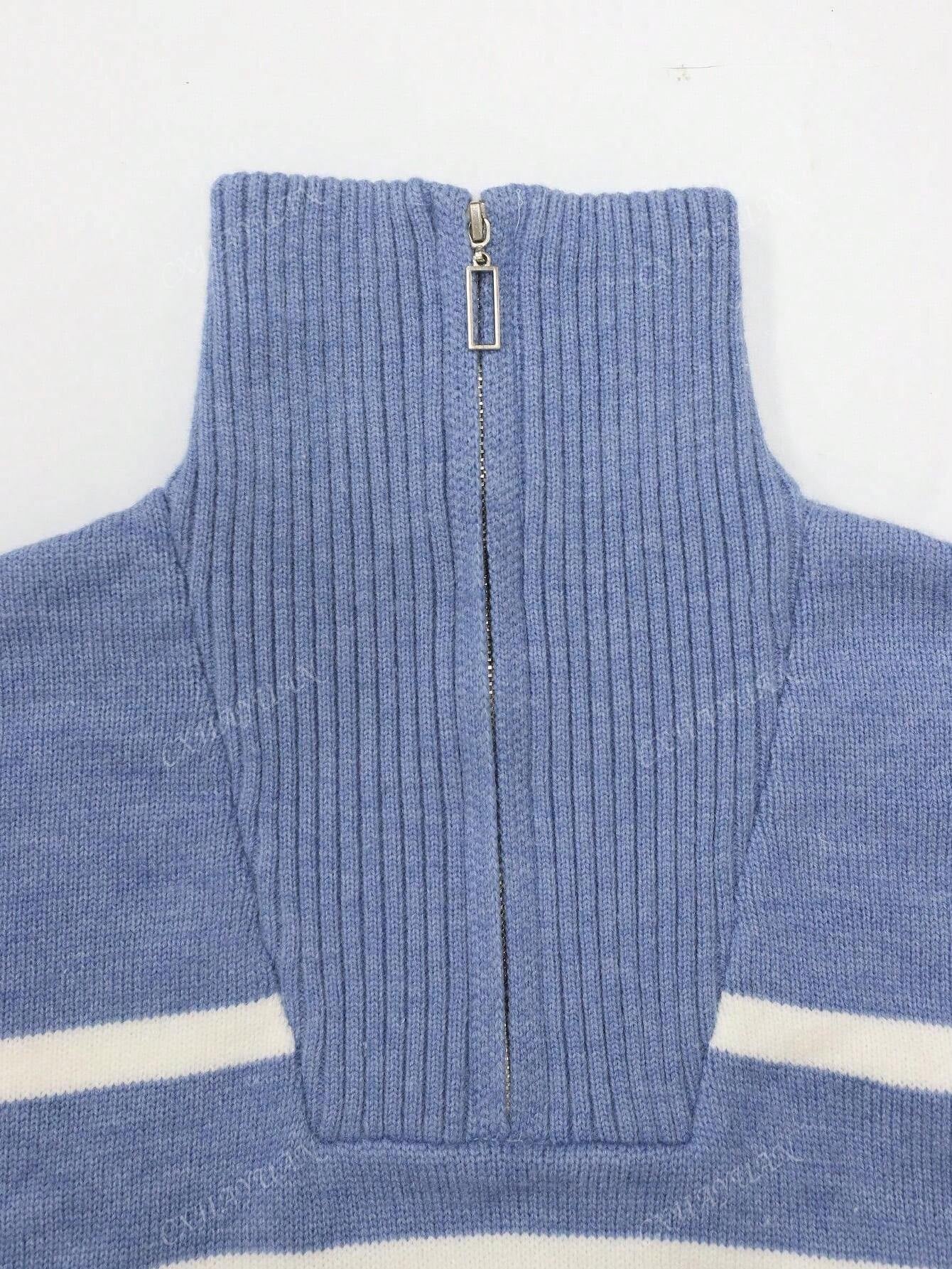 Autumn Winter Women Striped Mock Neck Pullover High-End Simple Stylish Sweater,Long Sleeve Tops