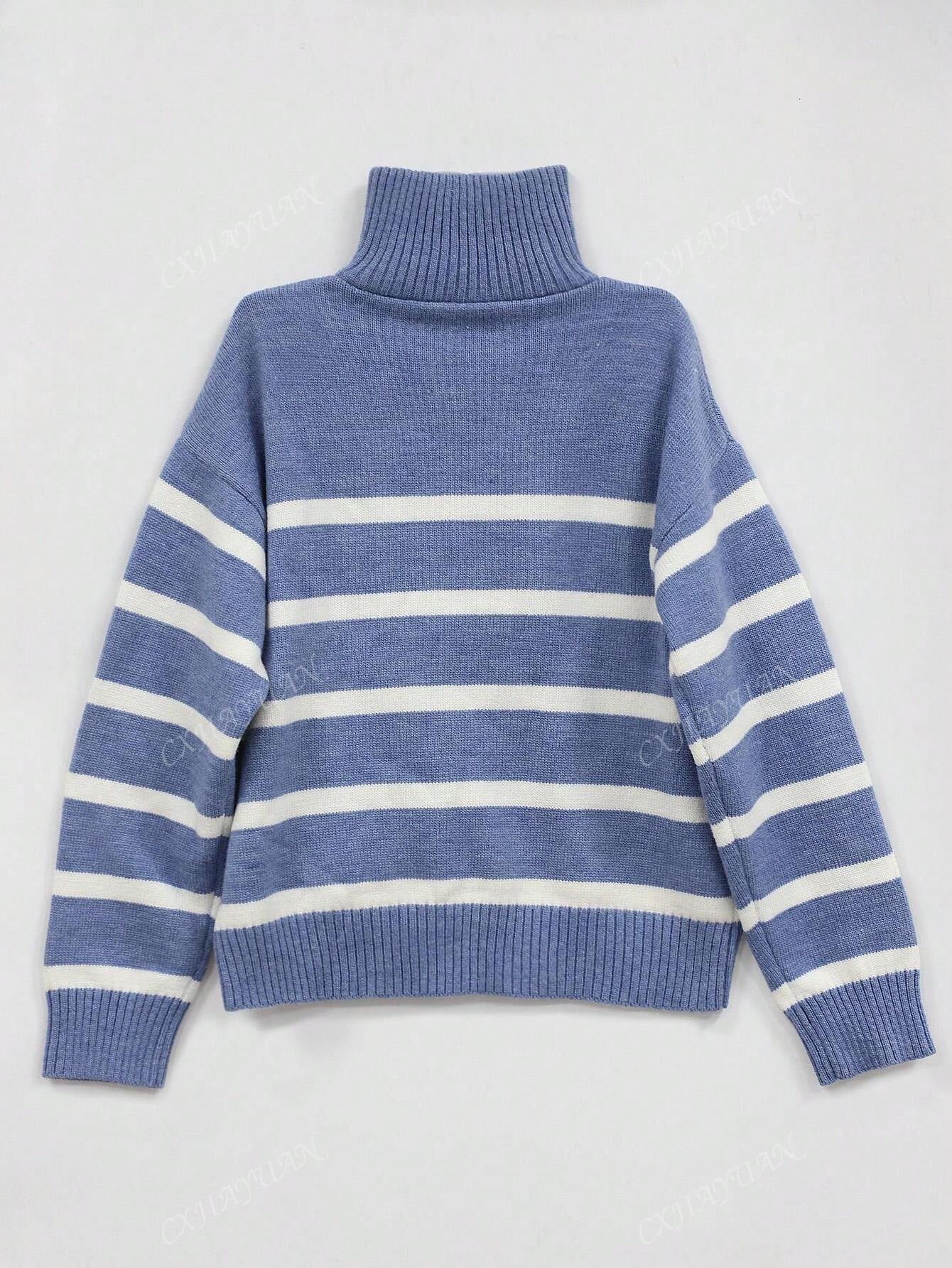 Autumn Winter Women Striped Mock Neck Pullover High-End Simple Stylish Sweater,Long Sleeve Tops