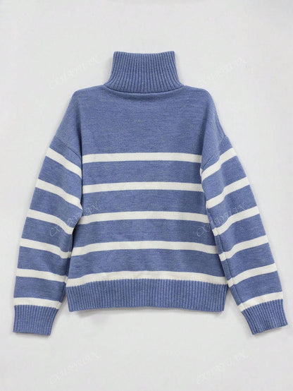 Autumn Winter Women Striped Mock Neck Pullover High-End Simple Stylish Sweater,Long Sleeve Tops
