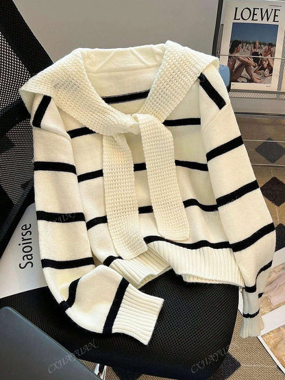 Women'S Striped Contrast Color Crew Neck Sweater, Casual Long Sleeve Knitted Pullover, Fashionable Outwear for Autumn and Winter