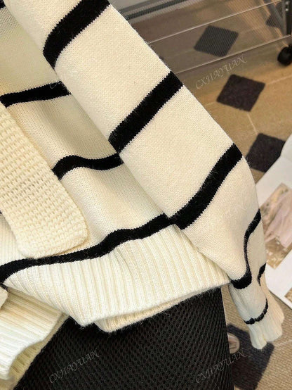 Women'S Striped Contrast Color Crew Neck Sweater, Casual Long Sleeve Knitted Pullover, Fashionable Outwear for Autumn and Winter