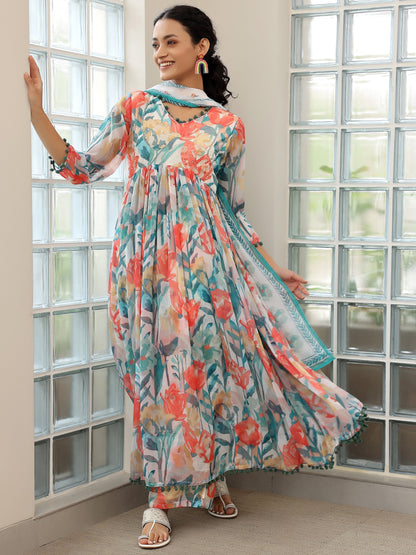 Off White Printed Poly Chiffon A-Line Kurta with Palazzos & Dupatta