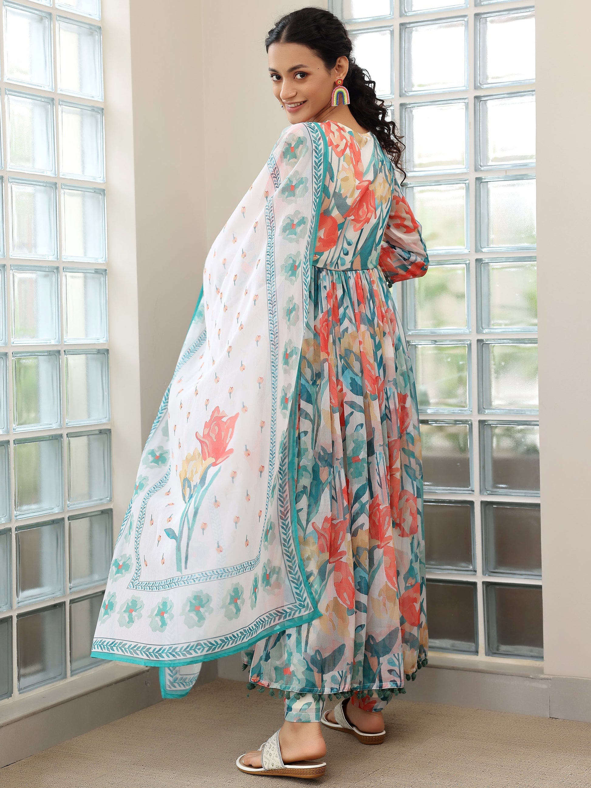 Off White Printed Poly Chiffon A-Line Kurta with Palazzos & Dupatta