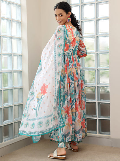 Off White Printed Poly Chiffon A-Line Kurta with Palazzos & Dupatta