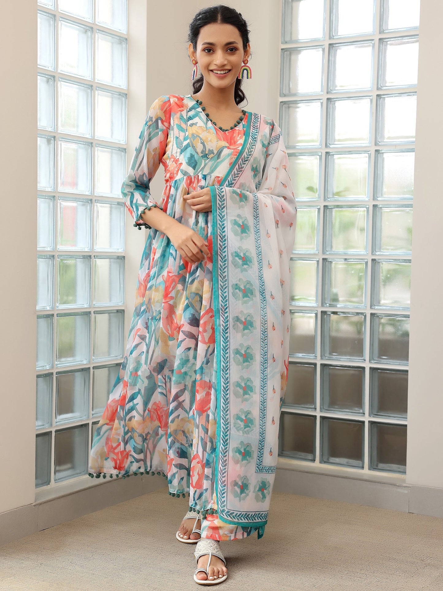 Off White Printed Poly Chiffon A-Line Kurta with Palazzos & Dupatta
