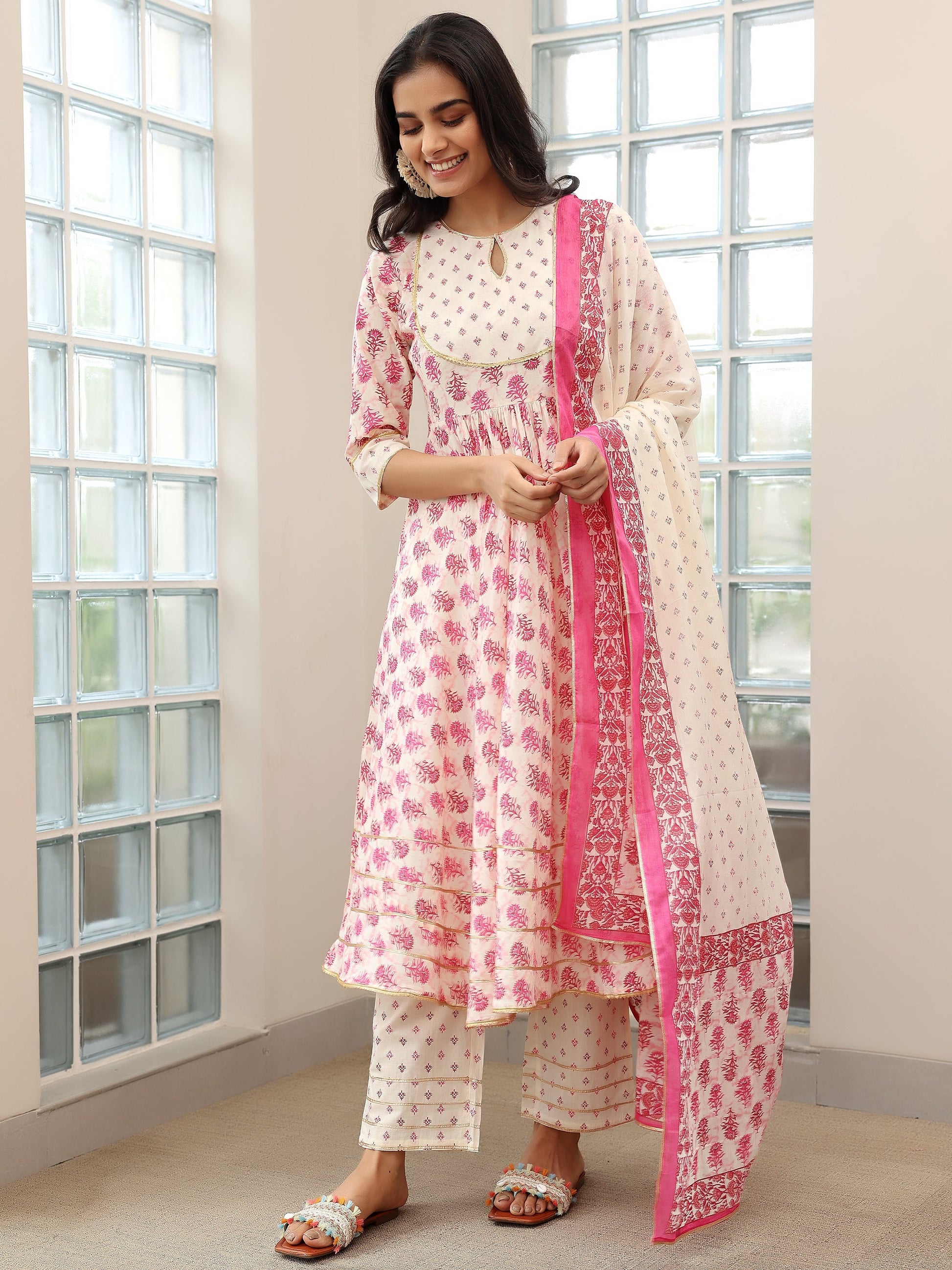 Pink Printed Cotton Anarkali Suit with Dupatta
