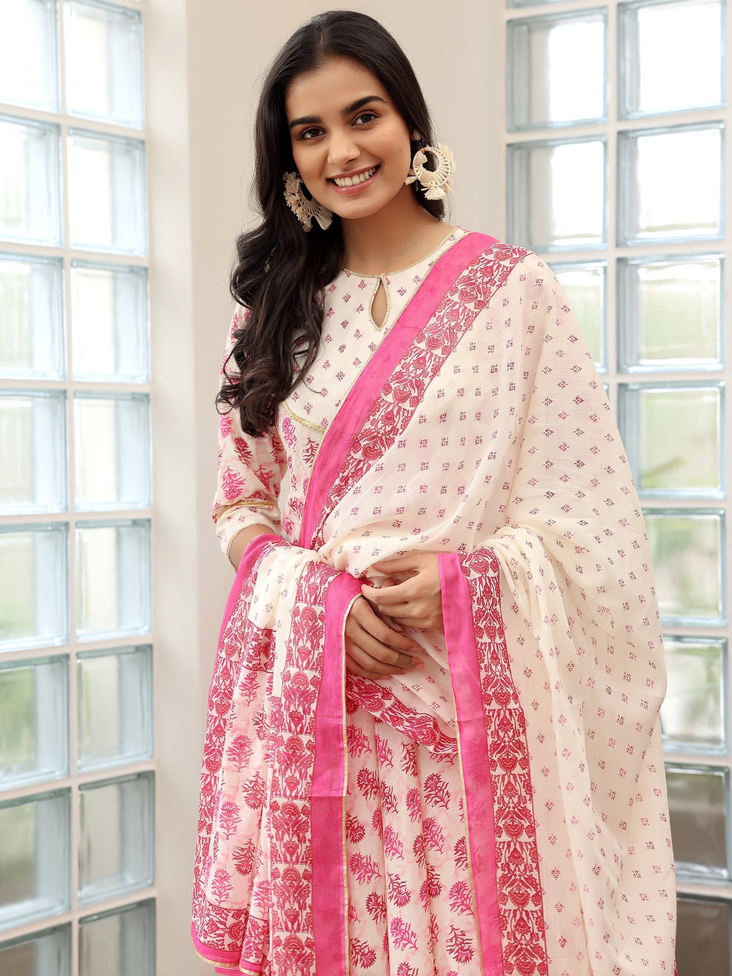 Pink Printed Cotton Anarkali Suit with Dupatta