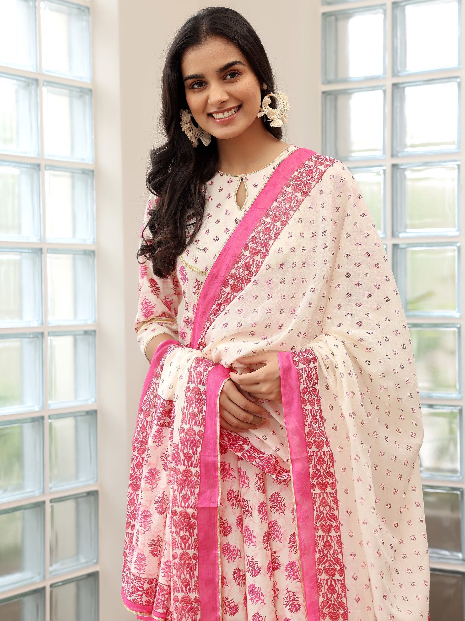 Pink Printed Cotton Anarkali Suit with Dupatta