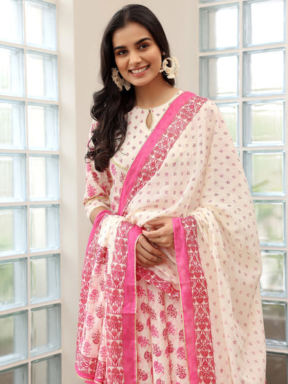 Pink Printed Cotton Anarkali Suit with Dupatta