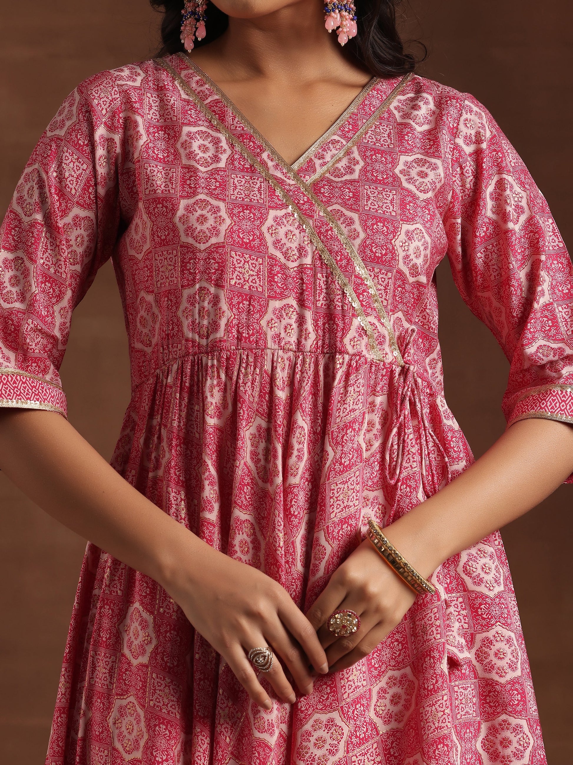 Pink Printed Silk Blend Anarkali Suit with Dupatta