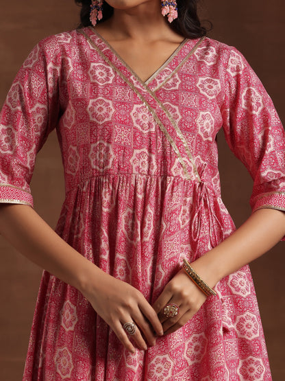 Pink Printed Silk Blend Anarkali Suit with Dupatta