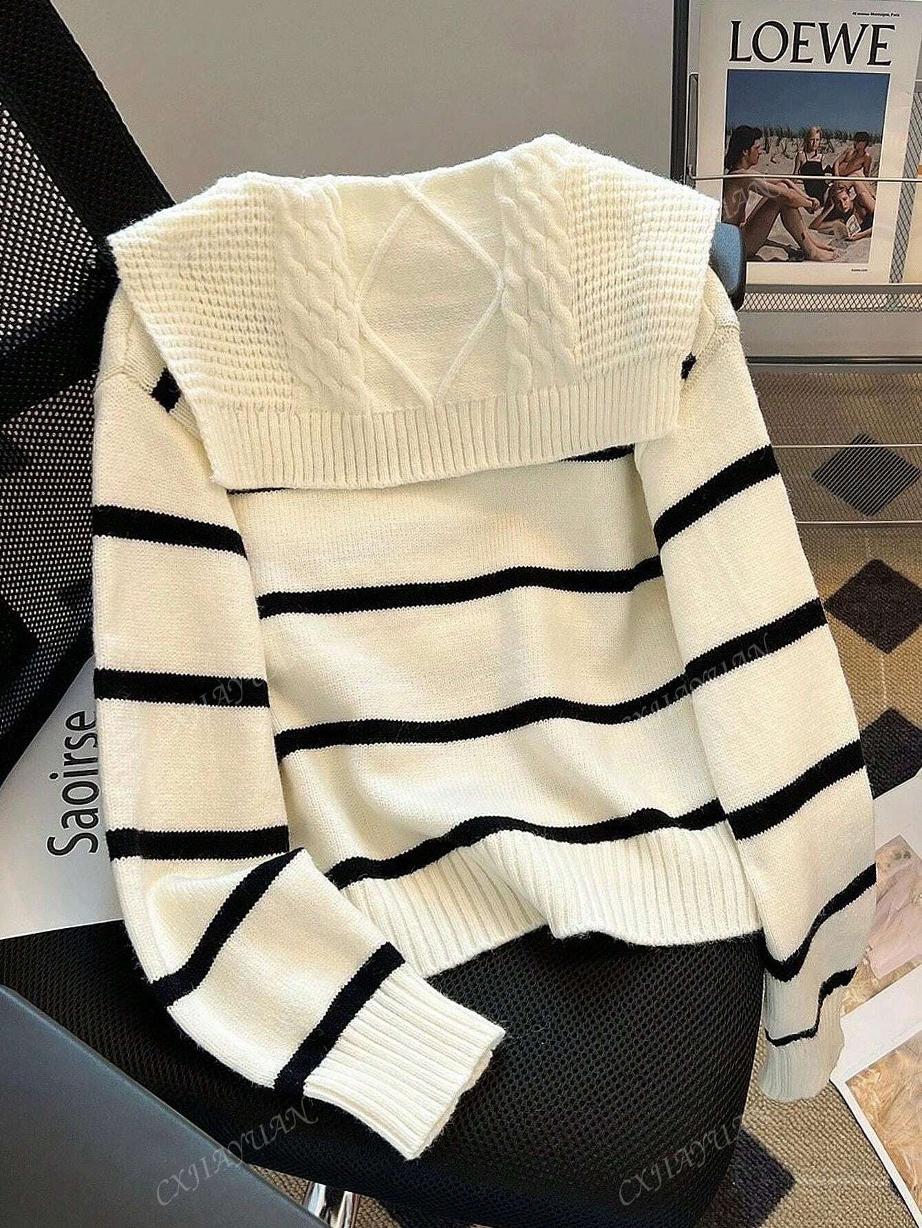 Women'S Striped Contrast Color Crew Neck Sweater, Casual Long Sleeve Knitted Pullover, Fashionable Outwear for Autumn and Winter