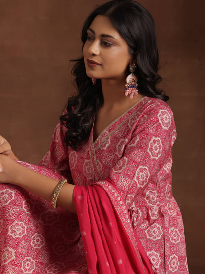 Pink Printed Silk Blend Anarkali Suit with Dupatta