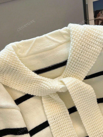 Women'S Striped Contrast Color Crew Neck Sweater, Casual Long Sleeve Knitted Pullover, Fashionable Outwear for Autumn and Winter