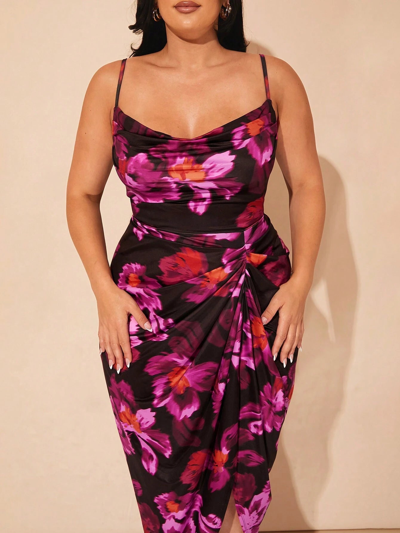 BAE plus Size Women'S Draped Neck Floral Printed Sleeveless Dress with Regular Fit for Festivals, Elegant Dates, and Parties
