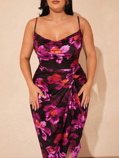 BAE plus Size Women'S Draped Neck Floral Printed Sleeveless Dress with Regular Fit for Festivals, Elegant Dates, and Parties