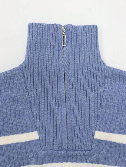 Autumn Winter Women Striped Mock Neck Pullover High-End Simple Stylish Sweater,Long Sleeve Tops
