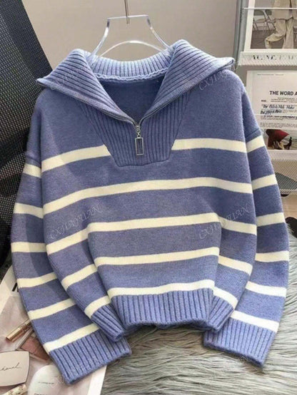 Autumn Winter Women Striped Mock Neck Pullover High-End Simple Stylish Sweater,Long Sleeve Tops