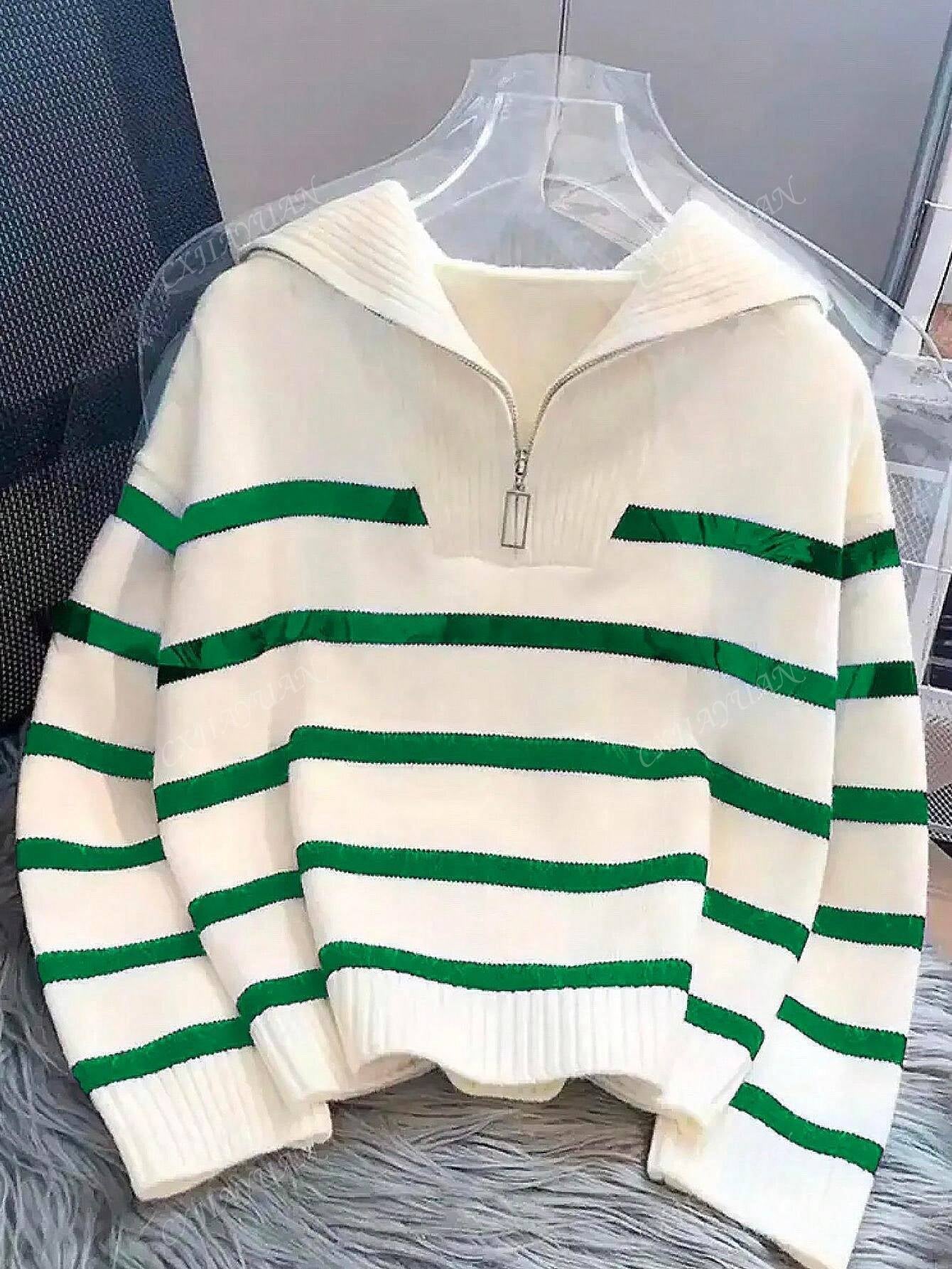 Autumn/Winter New Arrival Zipper Women Striped All-Match Sweater Fashionable Minimalist Pullover Versatile Design,Long Sleeve Tops