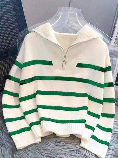 Autumn/Winter New Arrival Zipper Women Striped All-Match Sweater Fashionable Minimalist Pullover Versatile Design,Long Sleeve Tops